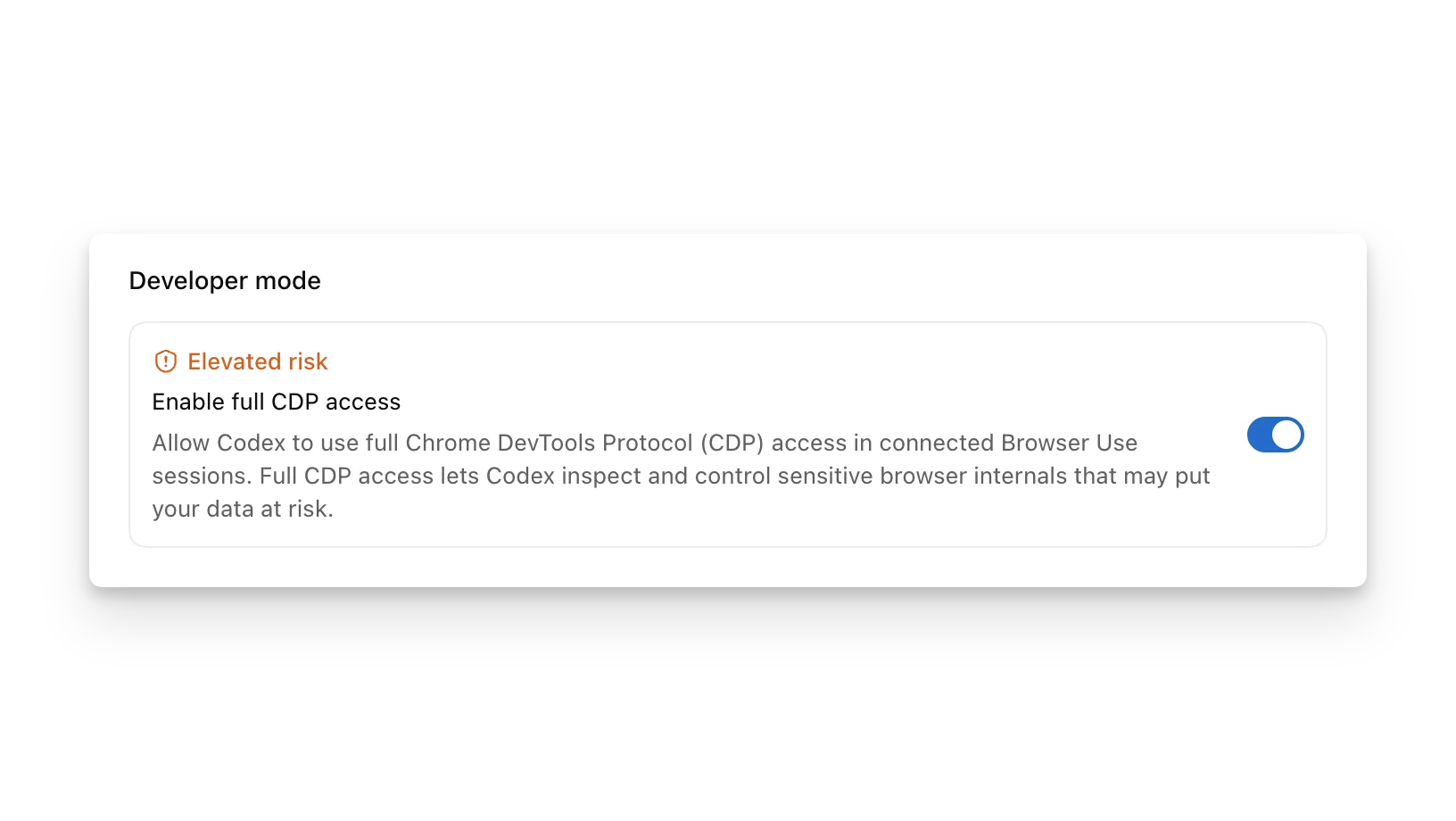 ChatGPT 界面截图：ChatGPT 桌面 App 的 Browser 设置显示已启用完整 CDP 访问的 Developer mode
