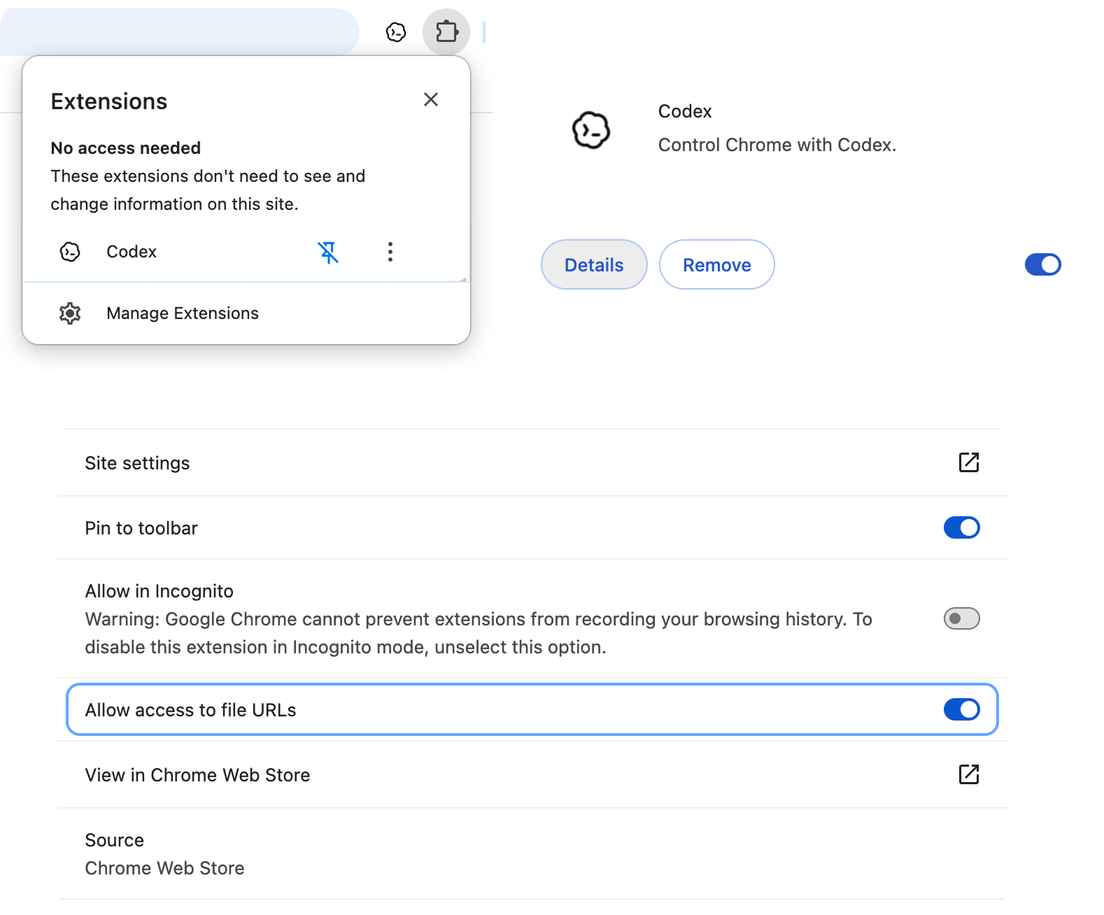 ChatGPT 界面截图：Chrome extension 设置显示已为 ChatGPT 启用 Allow access to file URLs