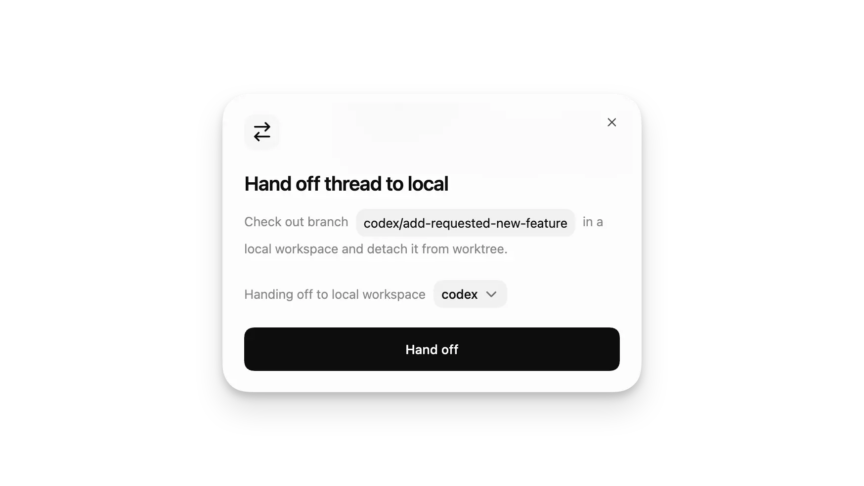 把任务从工作树移动到 Local 的 Handoff 对话框（浅色模式）