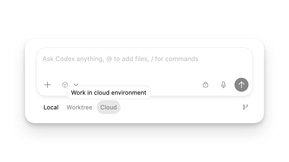 新任务输入框中的 Local、Worktree 和 Cloud 环境选项
