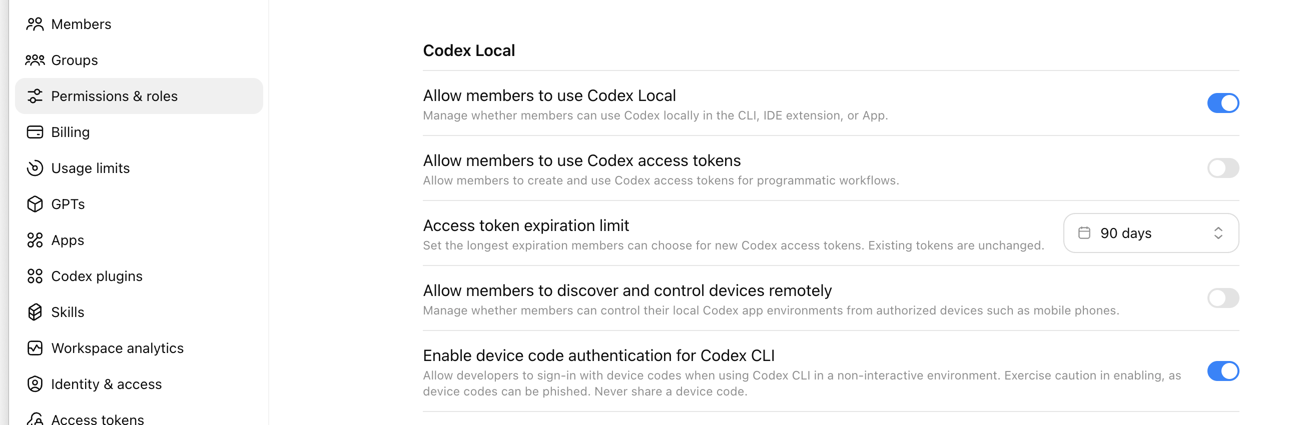 ChatGPT 工作区权限设置中的 Access token expiration limit