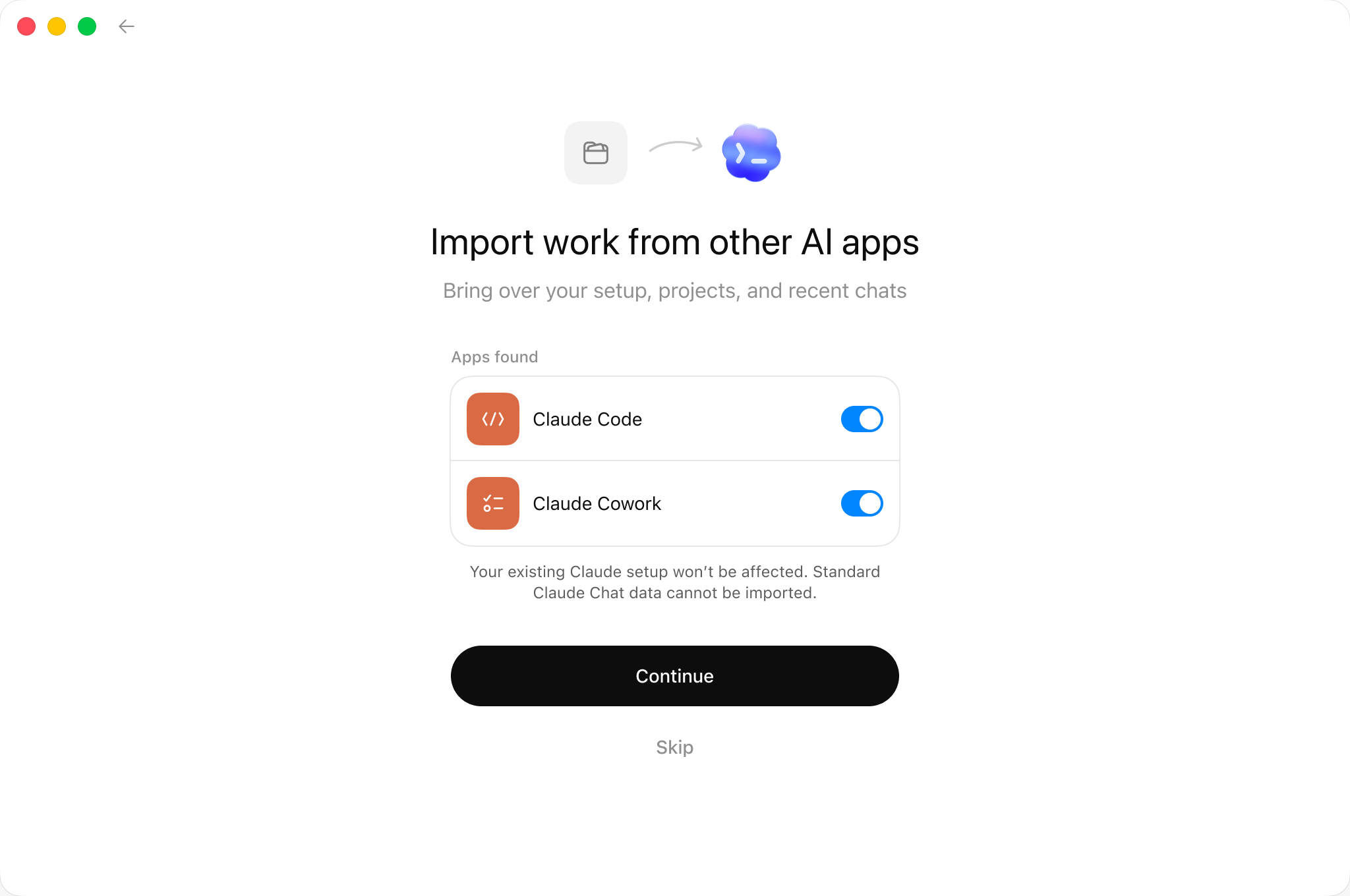 选择要从哪些其他 AI 应用导入
