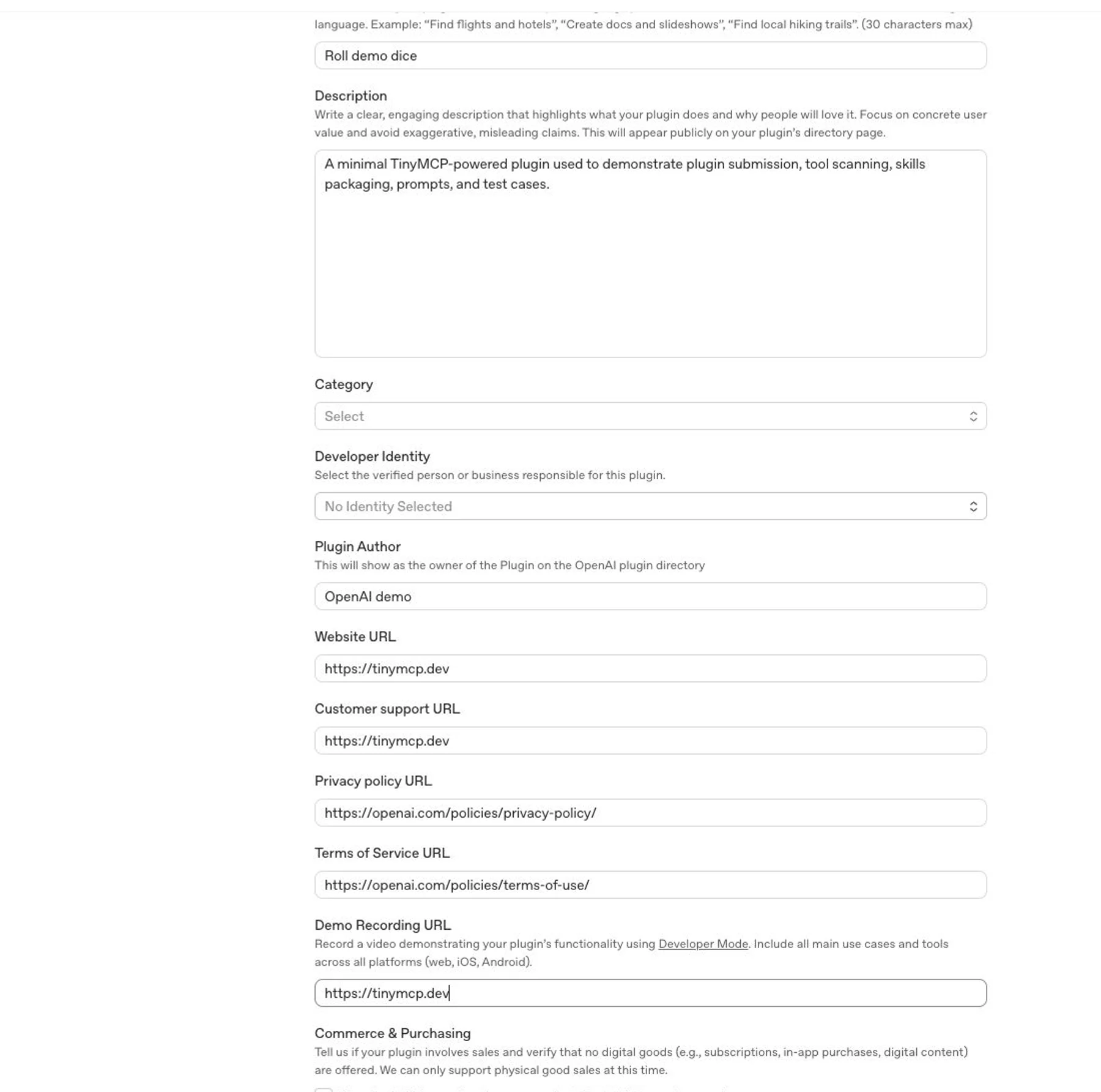 已填写 plugin listing 与开发者身份字段的 Info 标签页