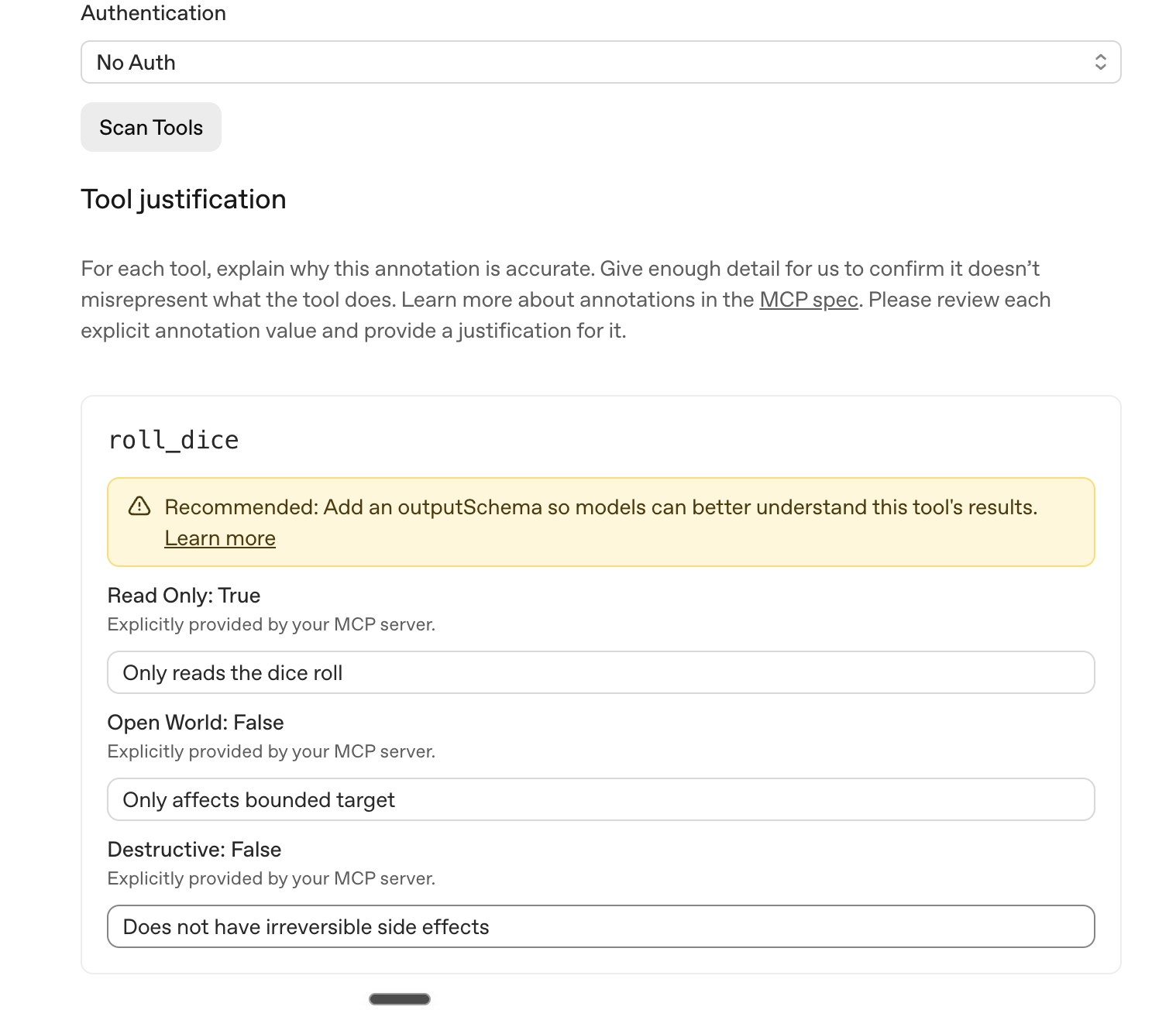 包含明确 annotations 与理由说明的 MCP tool 元数据