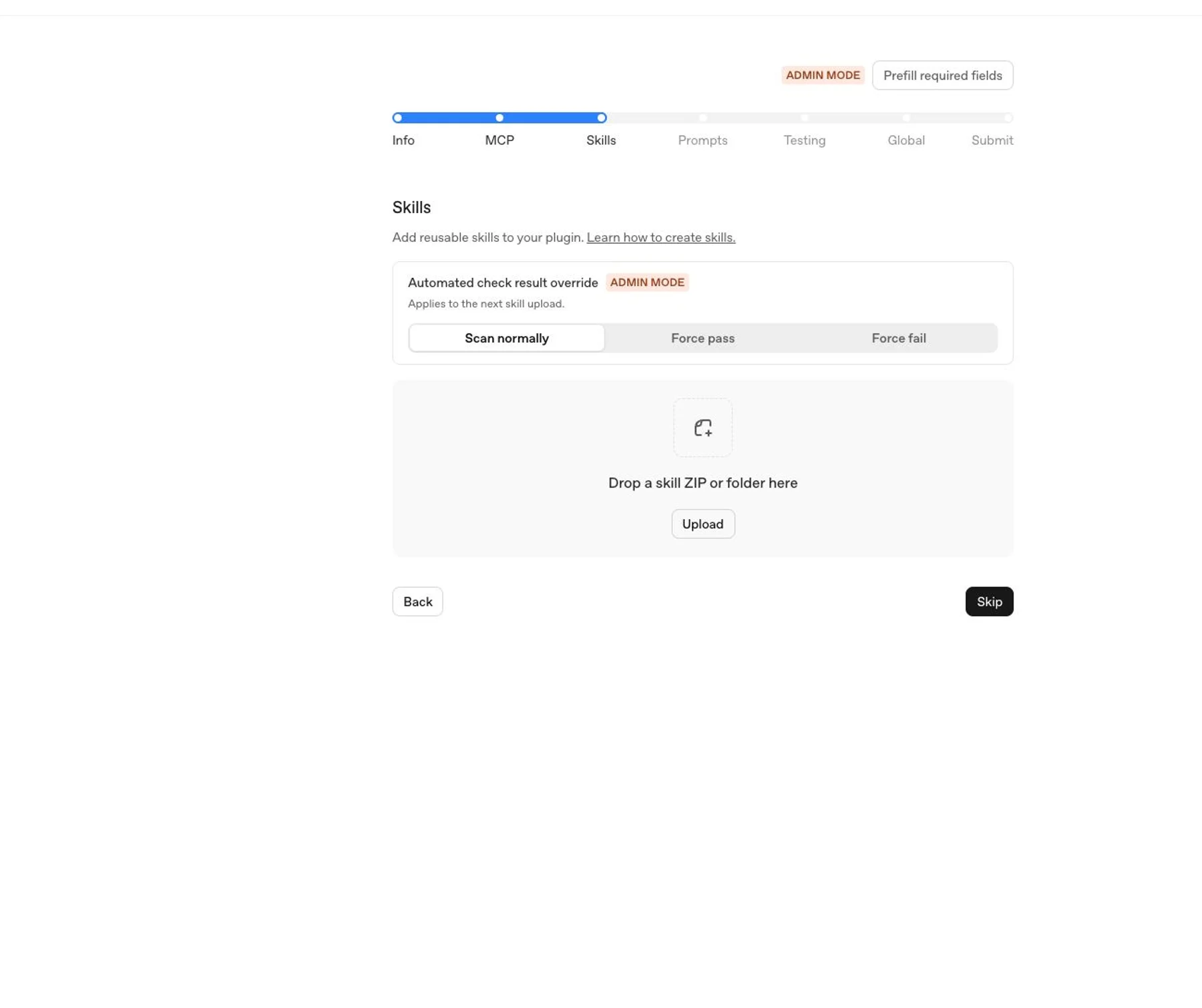 准备上传 skill bundle 的 Skills 标签页