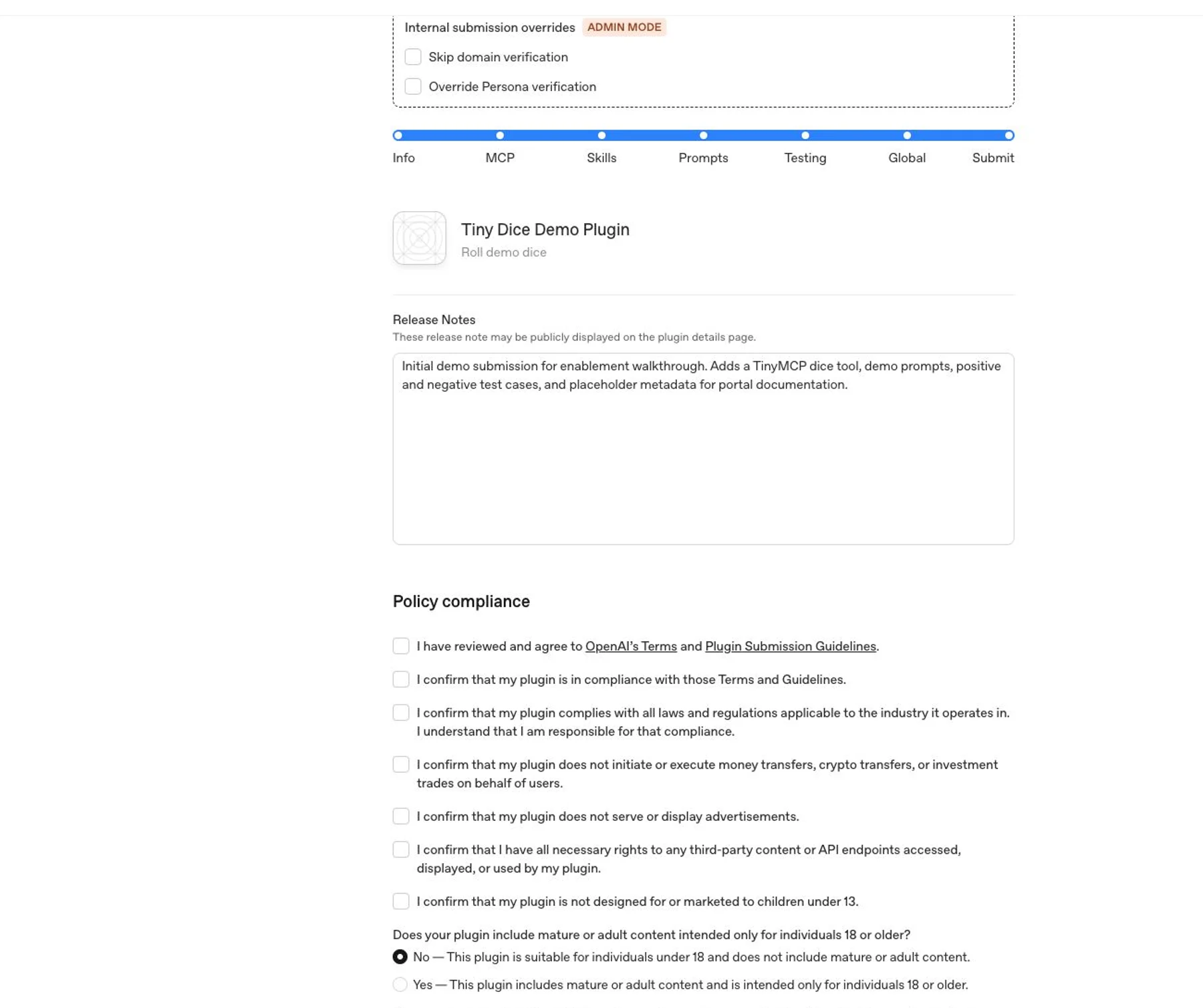 包含发布说明和最终声明的 Submit 标签页