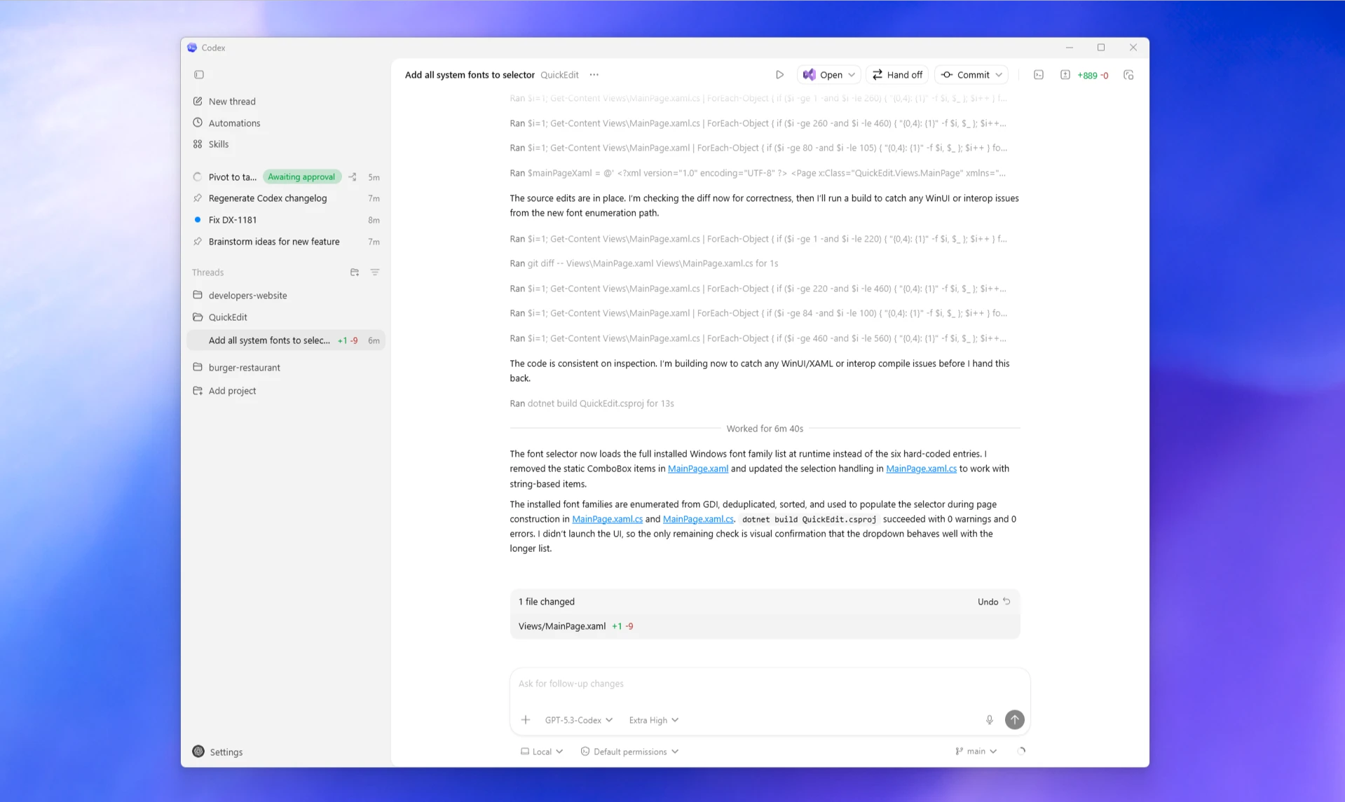 Windows 版 ChatGPT 桌面应用，展示项目侧边栏、活动任务和评审面板