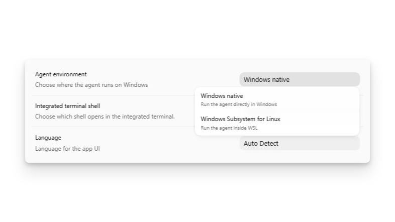 ChatGPT 桌面应用设置中展示 Windows native（Windows 原生）与 WSL 智能体选择器