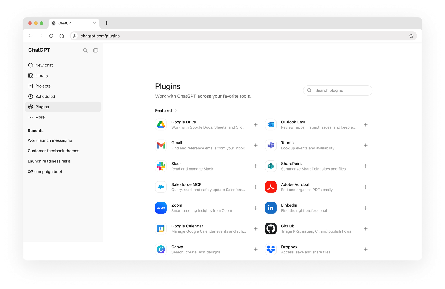 ChatGPT 界面截图：ChatGPT Work 中的 plugins 库