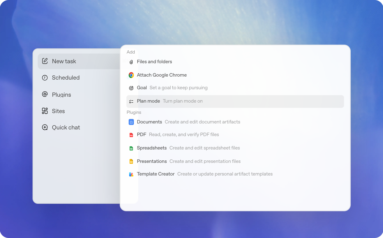 Codex 的任务侧栏，以及用于任务、plugins 和内容工具的 Add 菜单