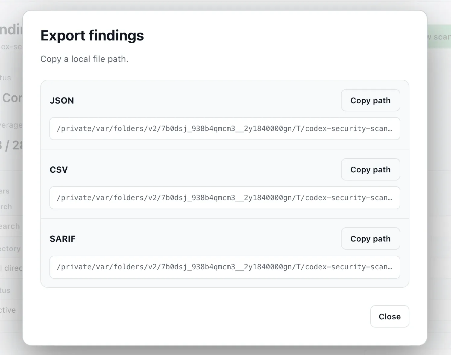 Export findings 对话框，包含 JSON、CSV 和 SARIF 格式选项