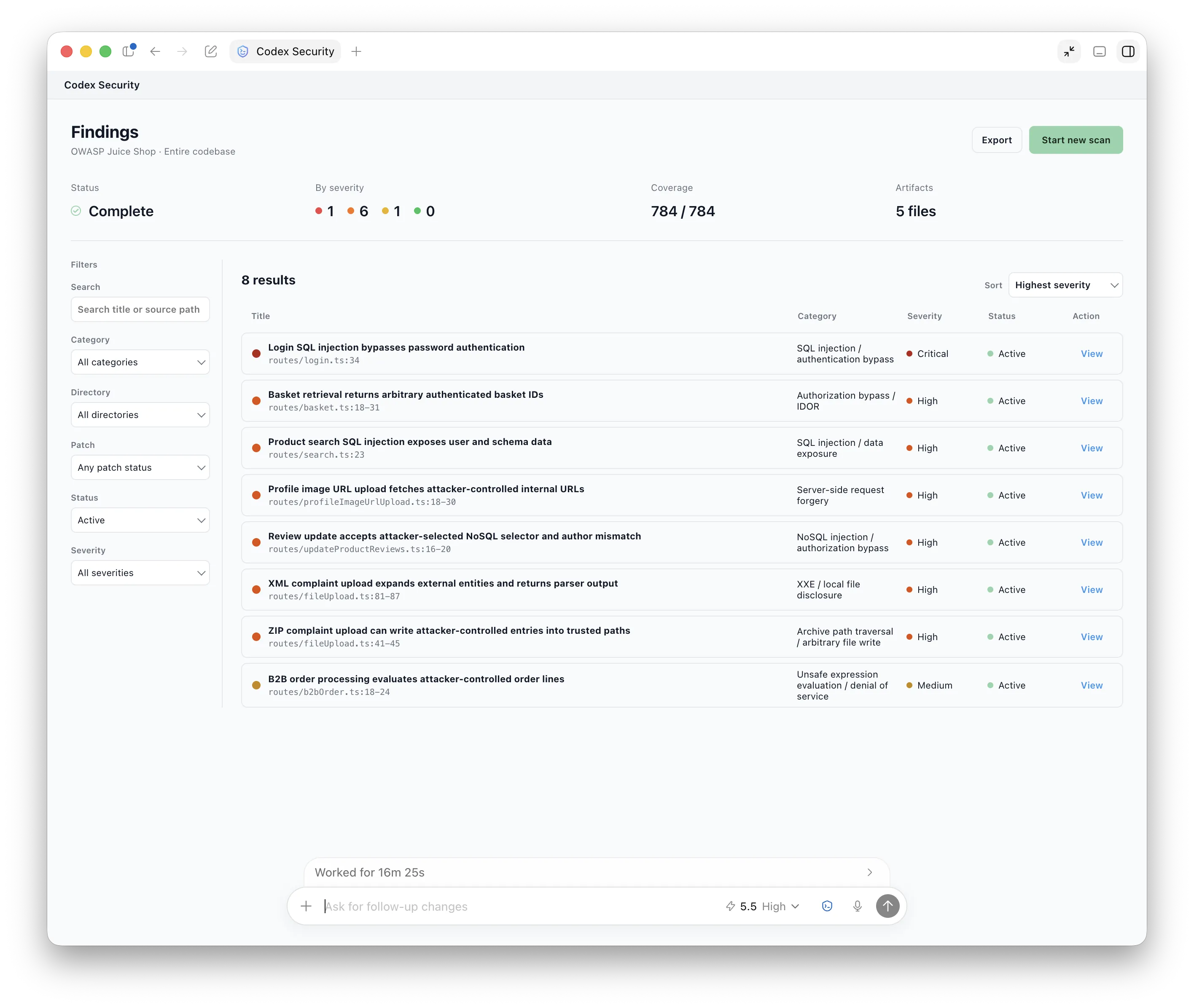 OWASP Juice Shop 的 Codex Security 发现工作区已完成扫描
